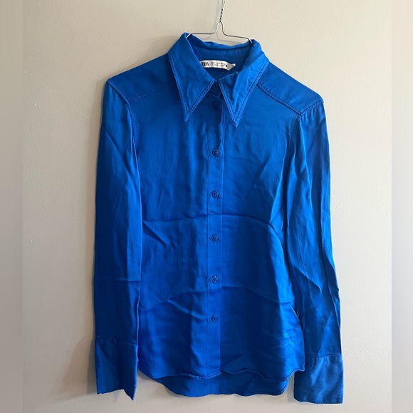 Zara Tops - Zara satin blue button up long collar blouse size extra small